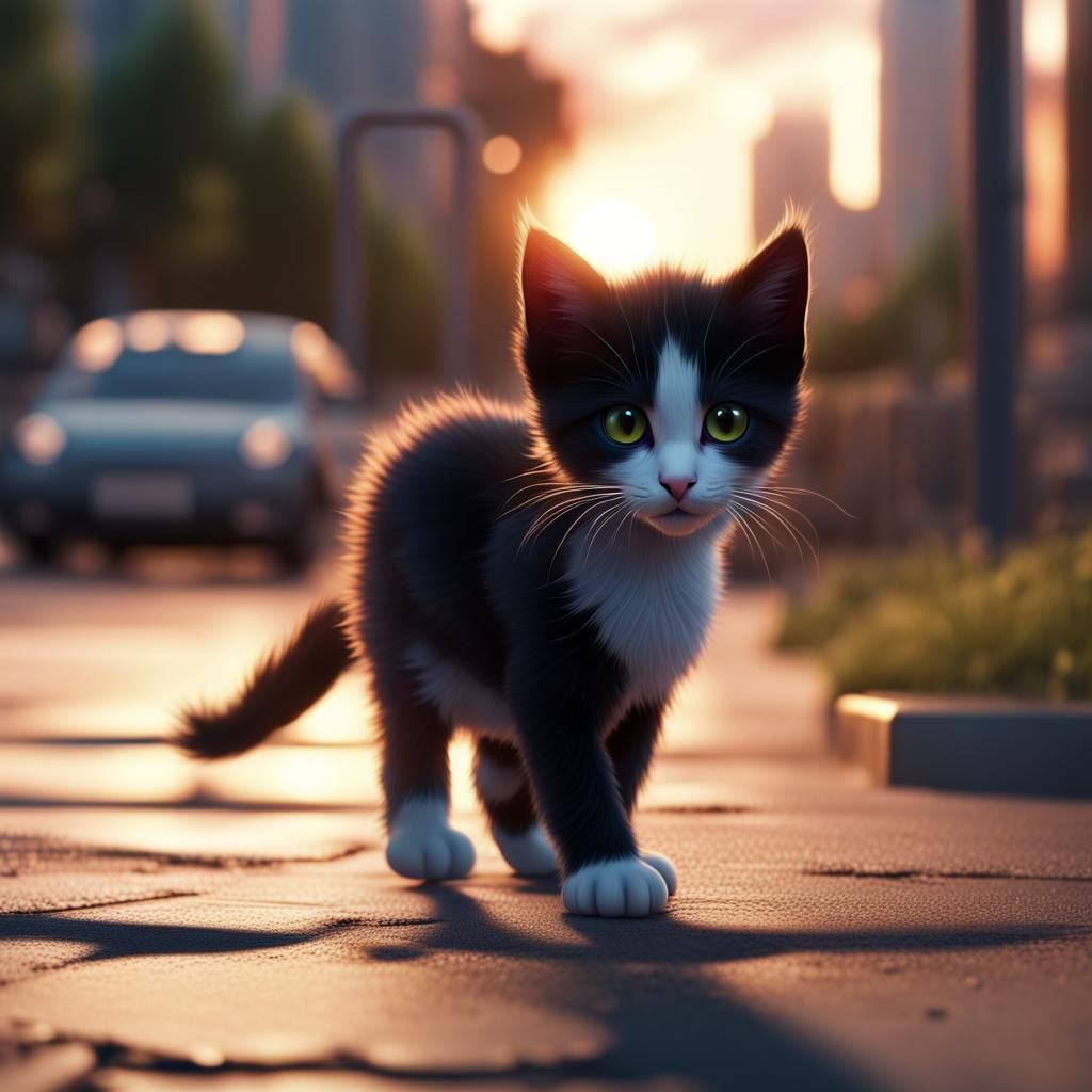 Kitten Walks on Sidewalk at Sunset