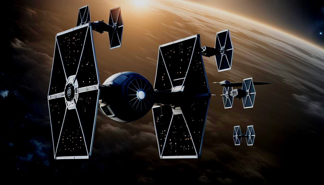 Un armata TIE Fighter imperiale in volo nello spazio