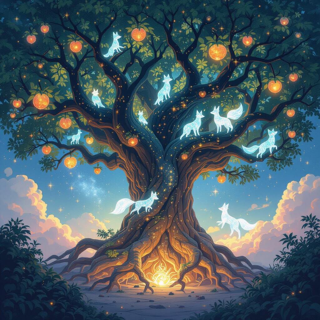 Cosmic Tree with Crystalline Foxes, Ghibli Style