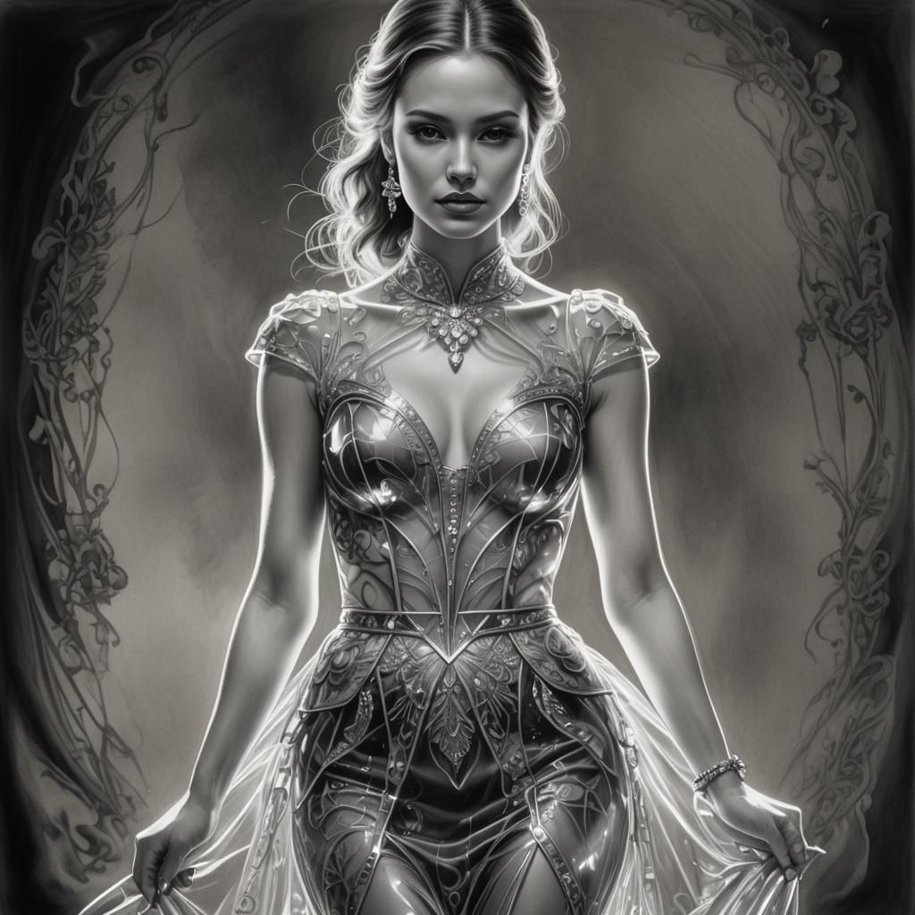 Woman in Transparent Glass Dress: Charcoal Drawing