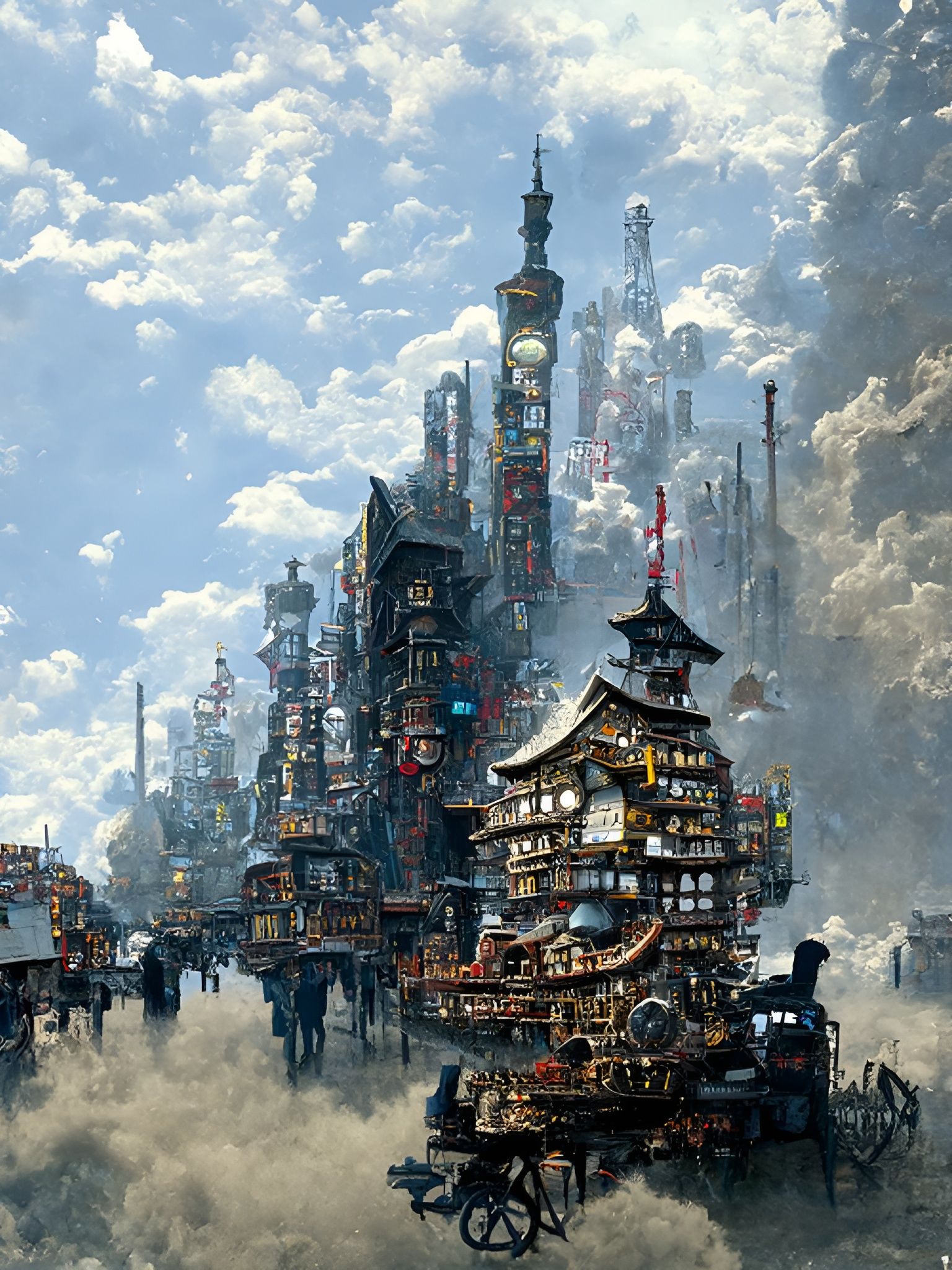 Feudal Japanese Steampunk City in Kinetic Pointillism