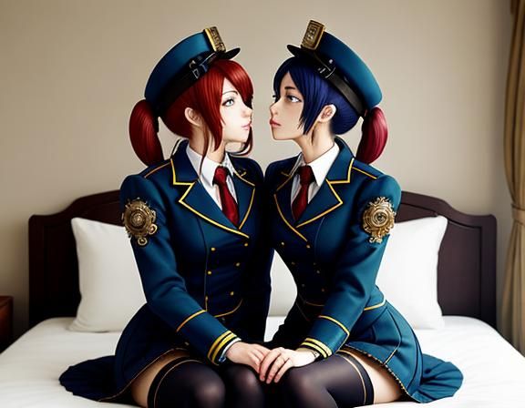 Steampunk Anime Twins Kissing in Bedroom