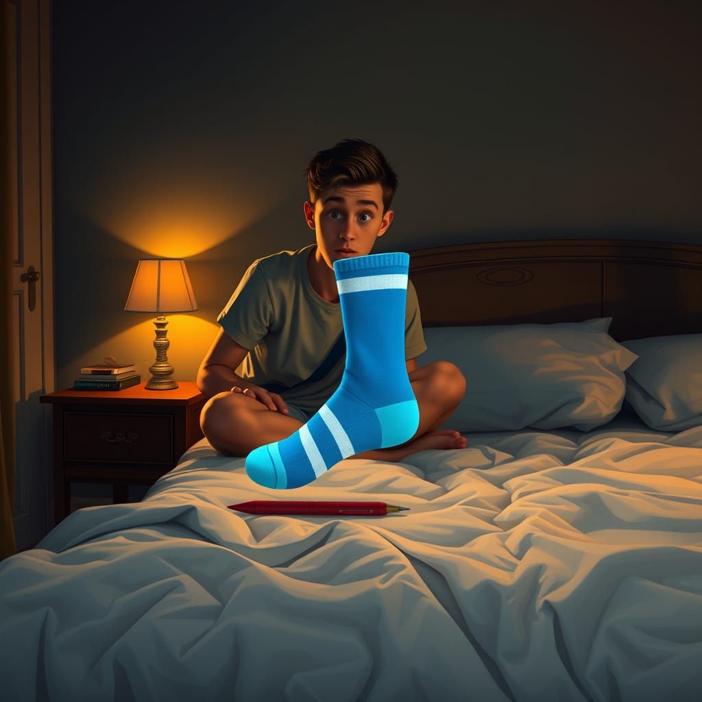 A Young Man Surprised by a Mysterious Blue Sock in a Cozy Be...