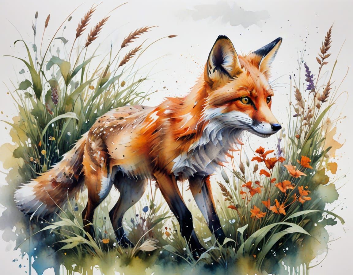 Fox in Grass: Watercolour Painting in Haenraets Style