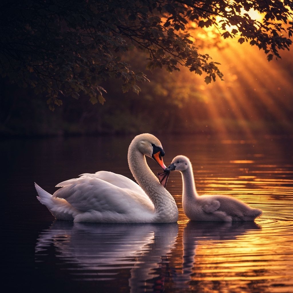 Swan Tends Cygnets on Serene Lake at Sunset