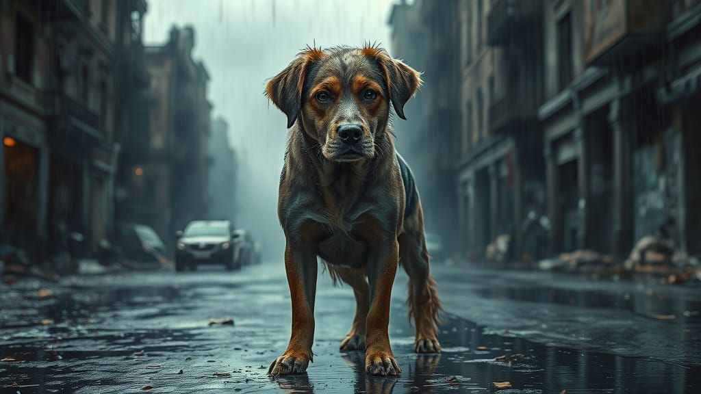 Sad, Wet Dog in Destroyed Cityscape