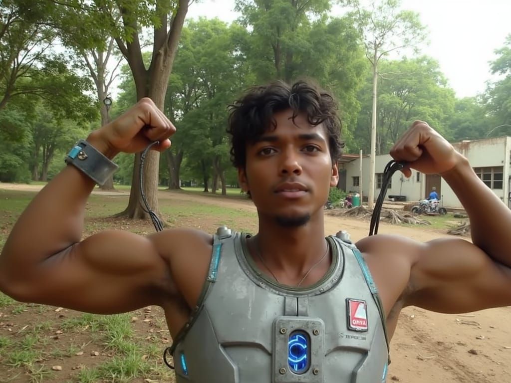 Cyberpunk Exosuit with Muscular Motocross Armor