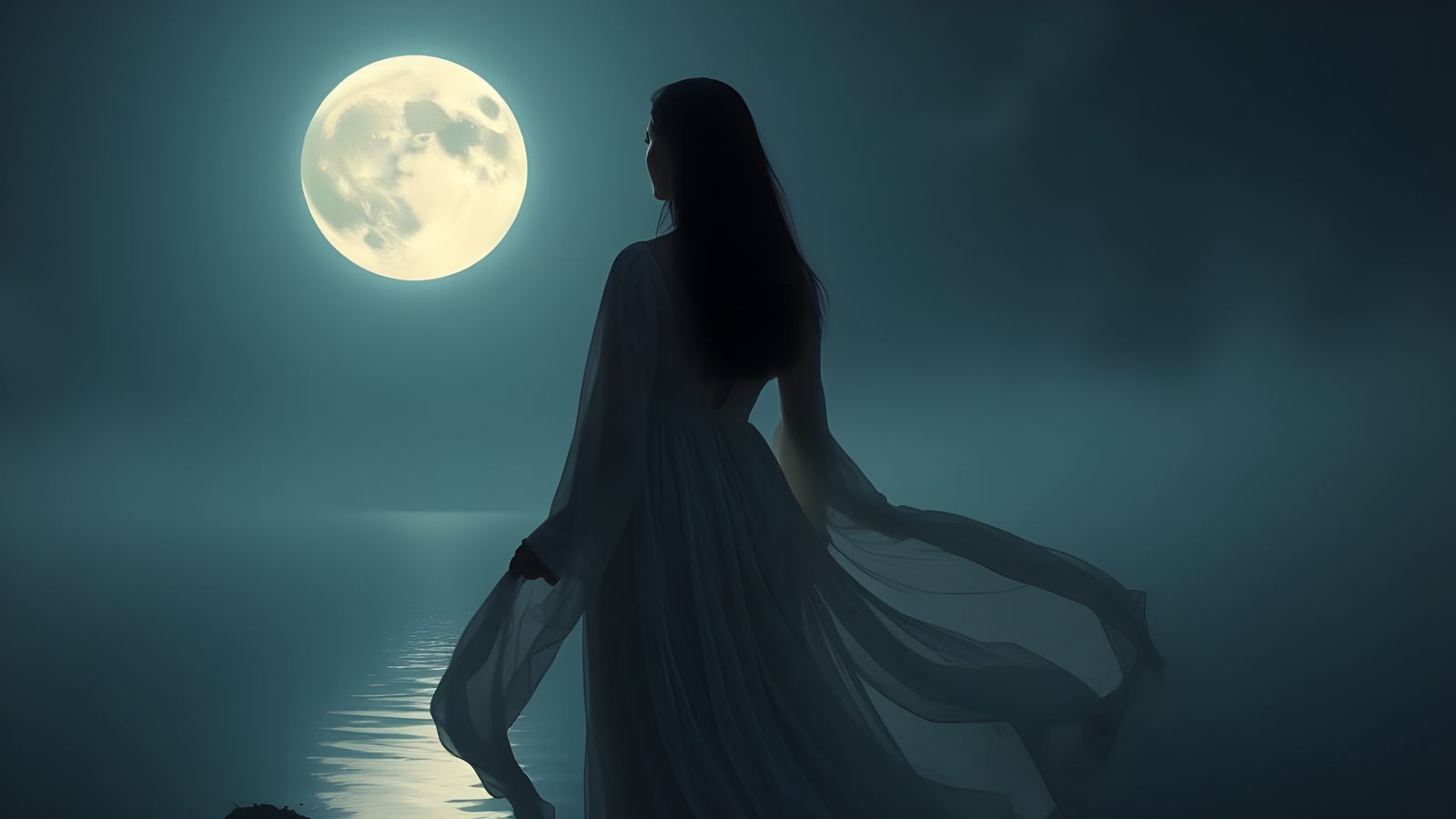 Moonlit Woman Contemplates by a Quiet Lake