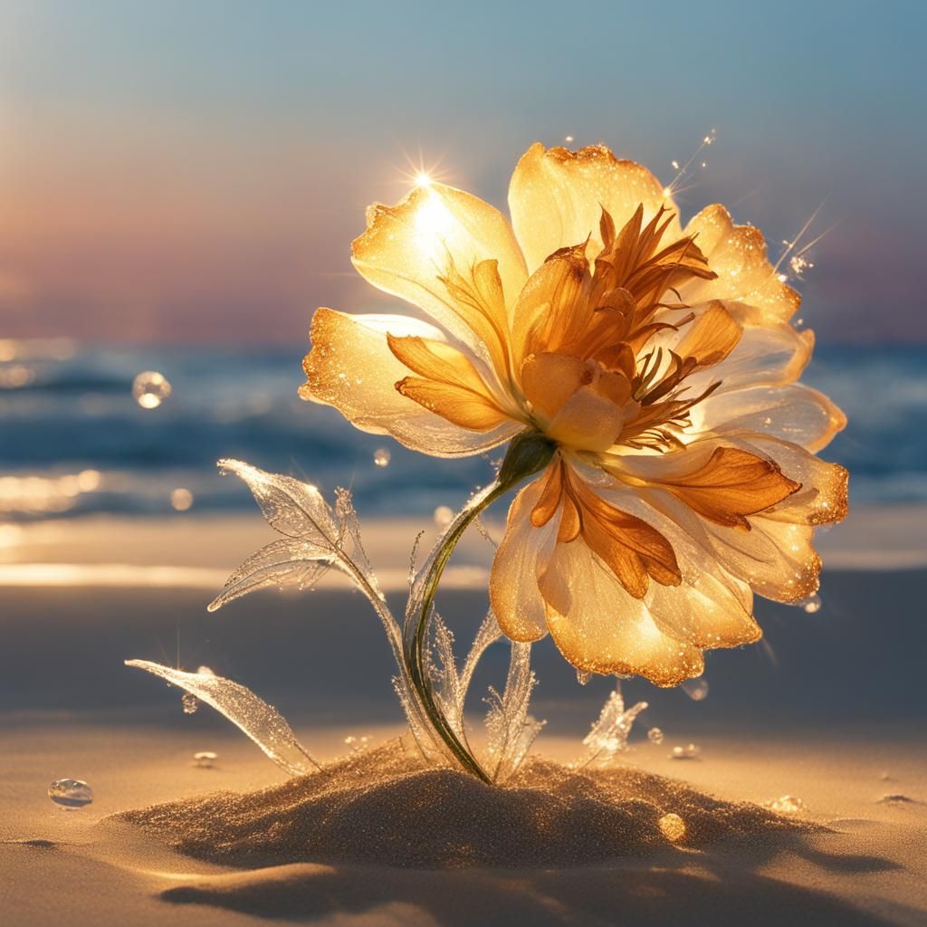 Luminous Flower Unfolding at Sunset: Fantasy Illustration