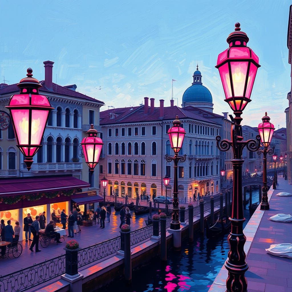 Pink Lanterns Glow in Neoimpressionist Venice