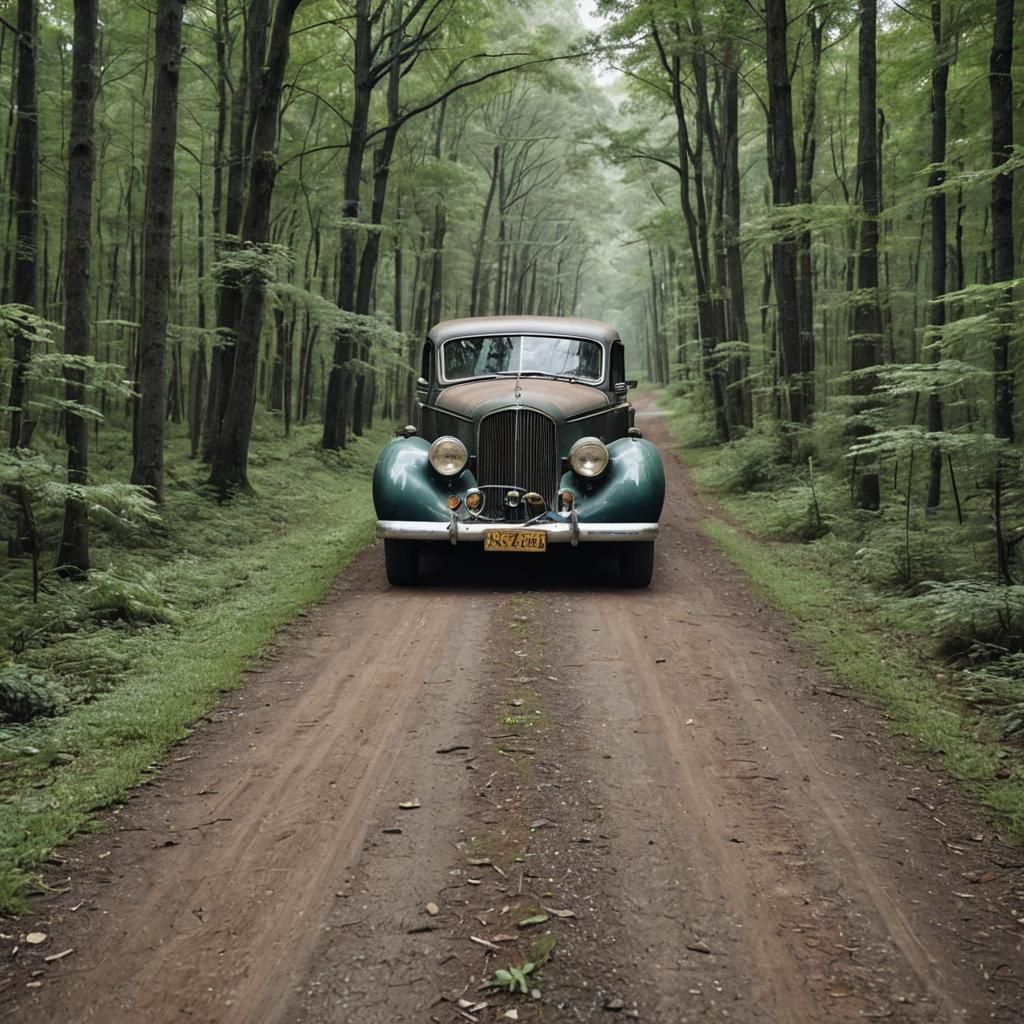 Vintage Limousine Journey Through Forest