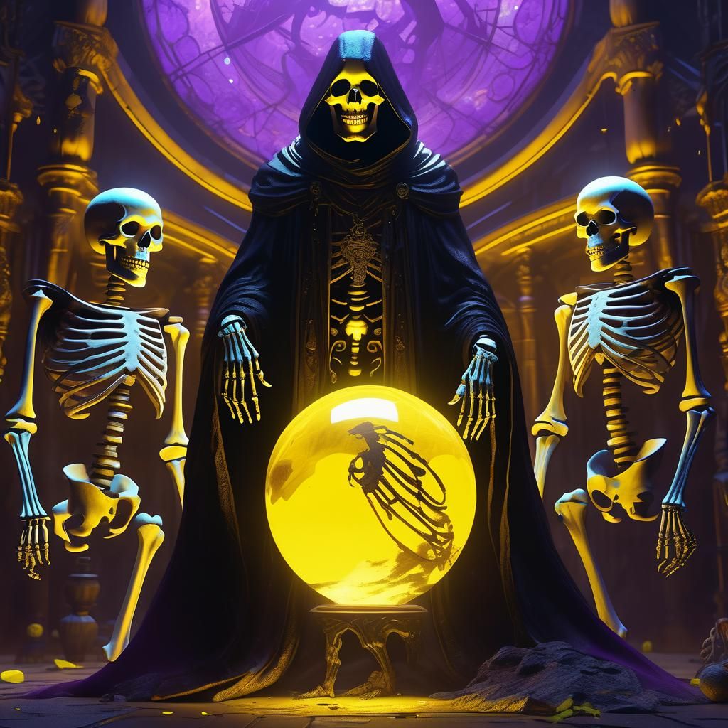 Skeletons in Black Robes Around Glowing Orb