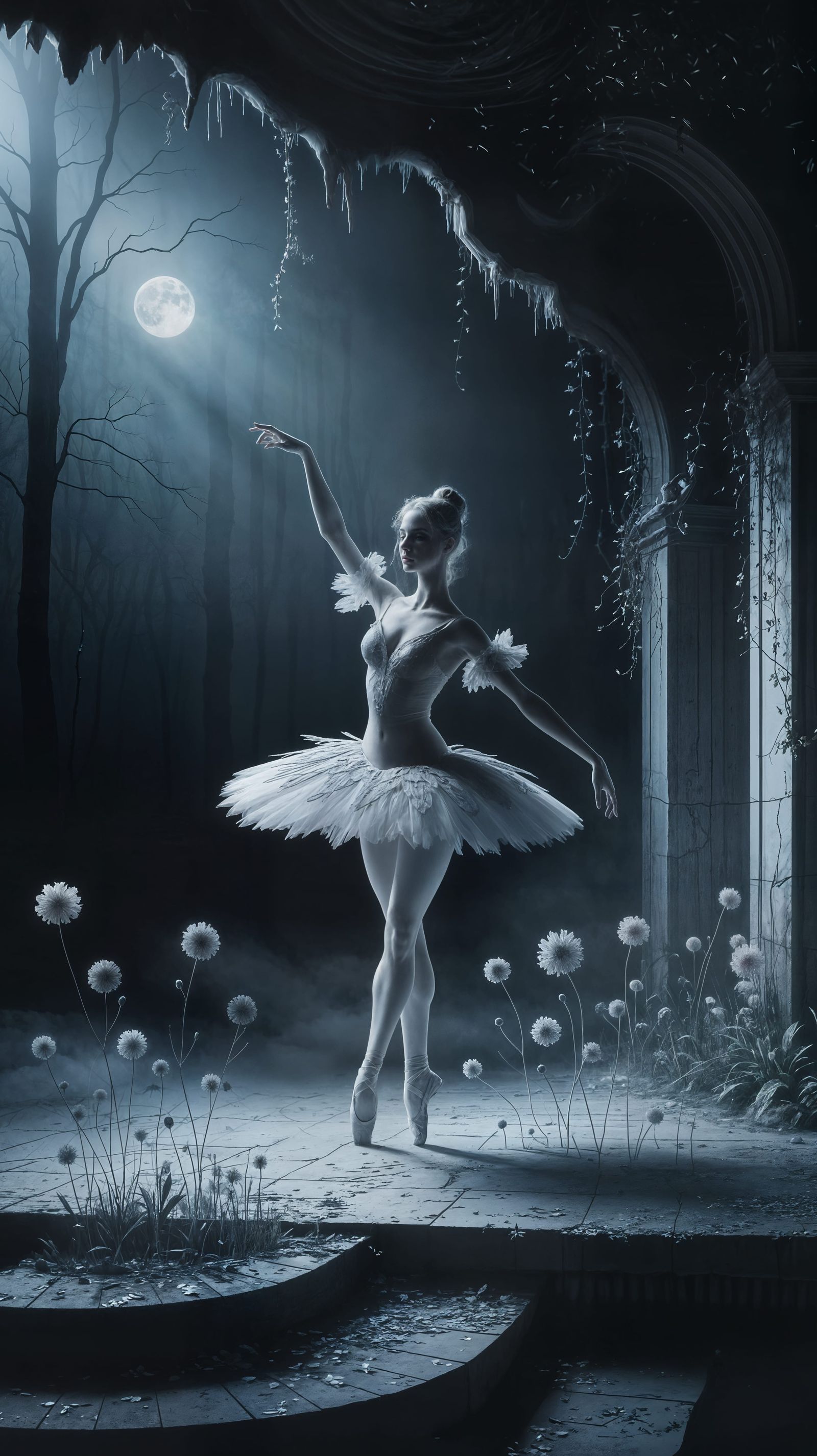 Ethereal Ballerina Dances in Moonlit Forest
