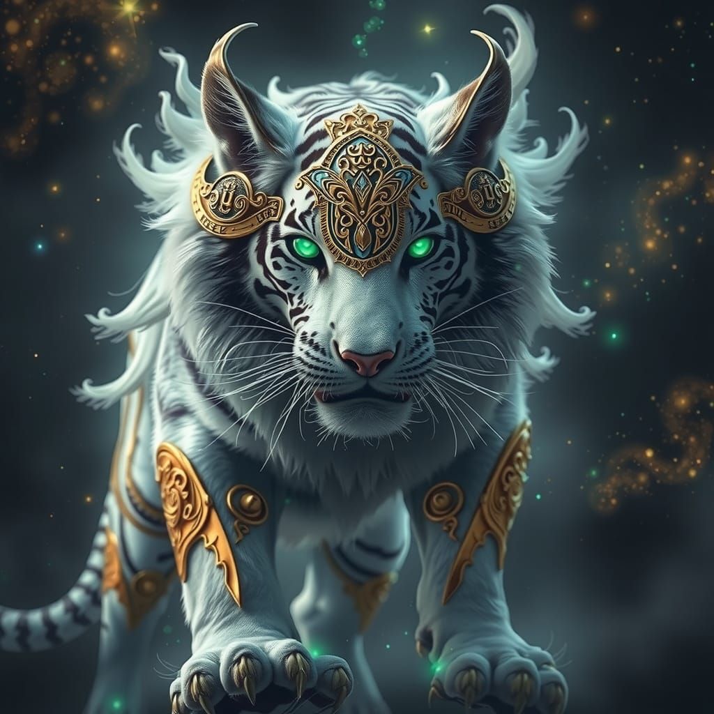 Celestial White Tiger with Emerald Eyes and Golden Mask