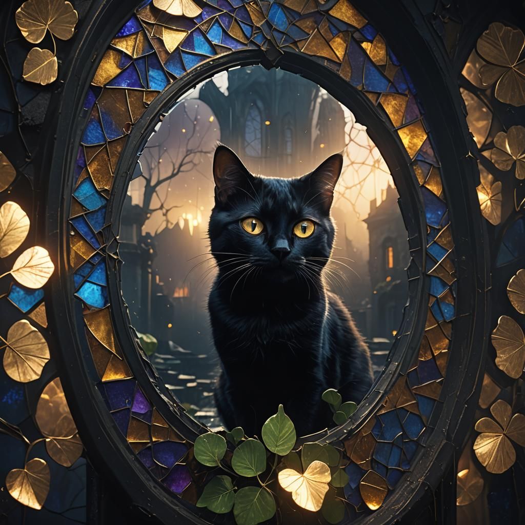 Black Cat in Broken Stained Glass Mirror
