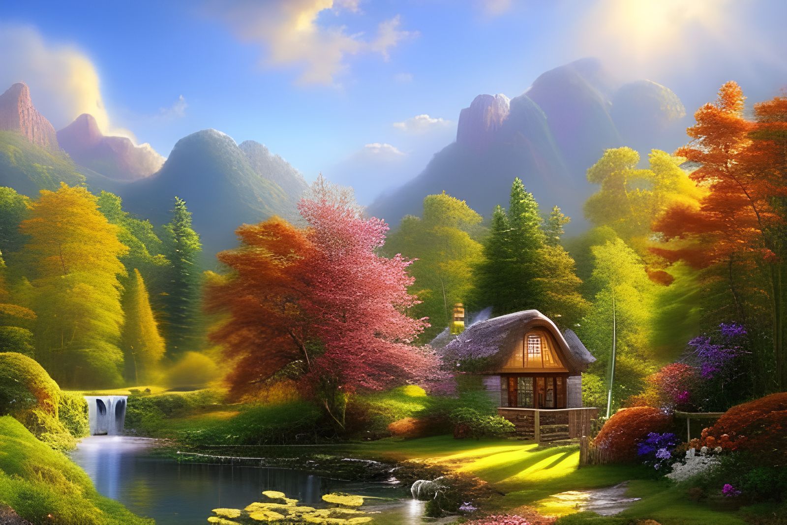 Cottagecore Fantasy Art with Wildflowers and Waterfalls