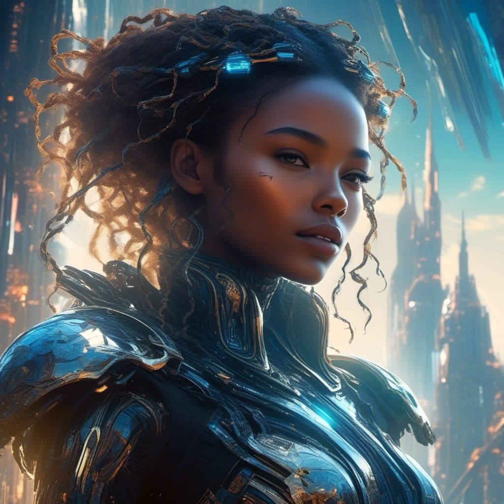 Futuristic Android Laughing in Cyberpunk Cityscape