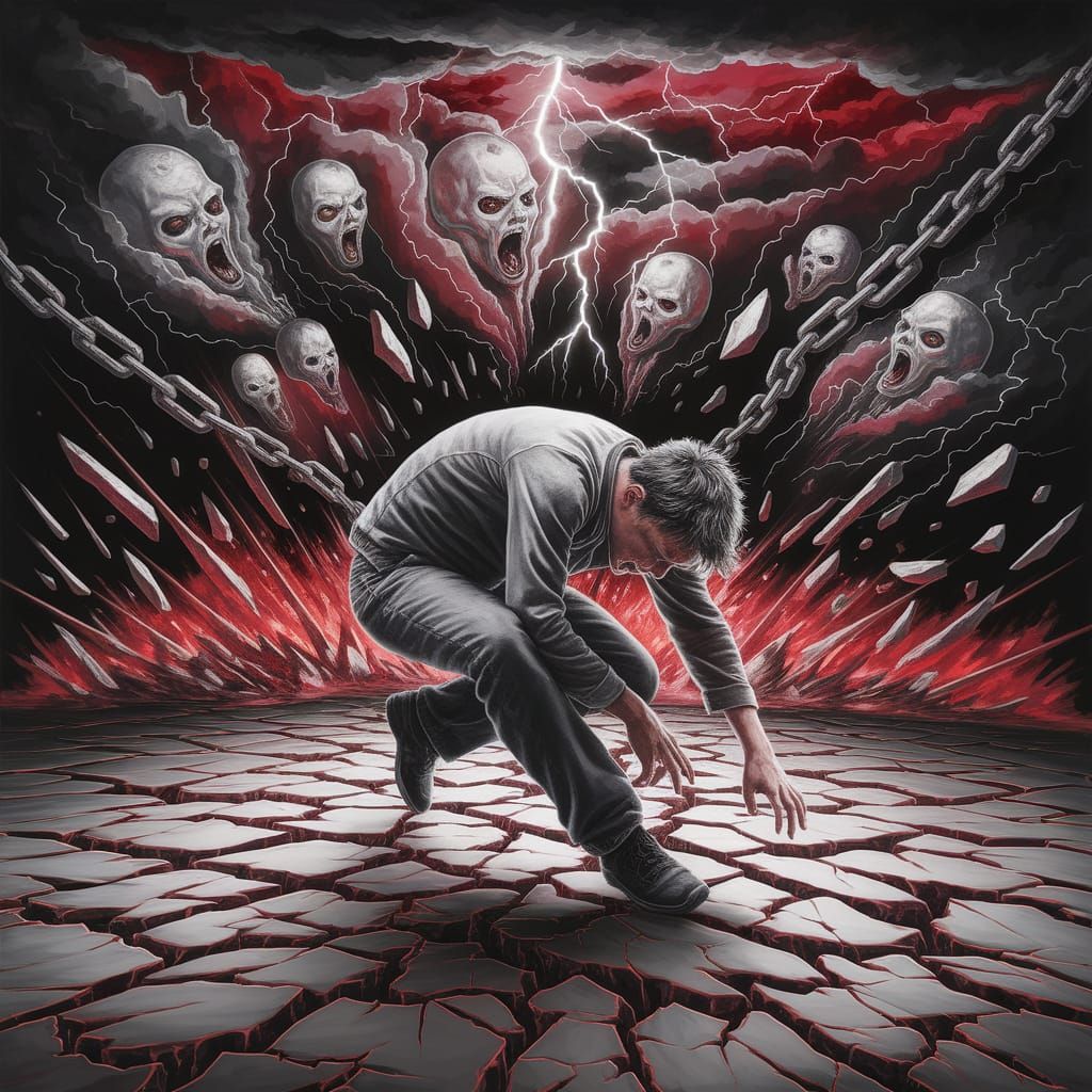 Desperate Figure Amidst Shattered Memories