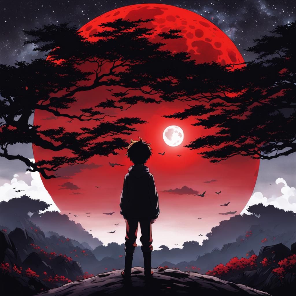 Boy in Anime Style Before Red Moon