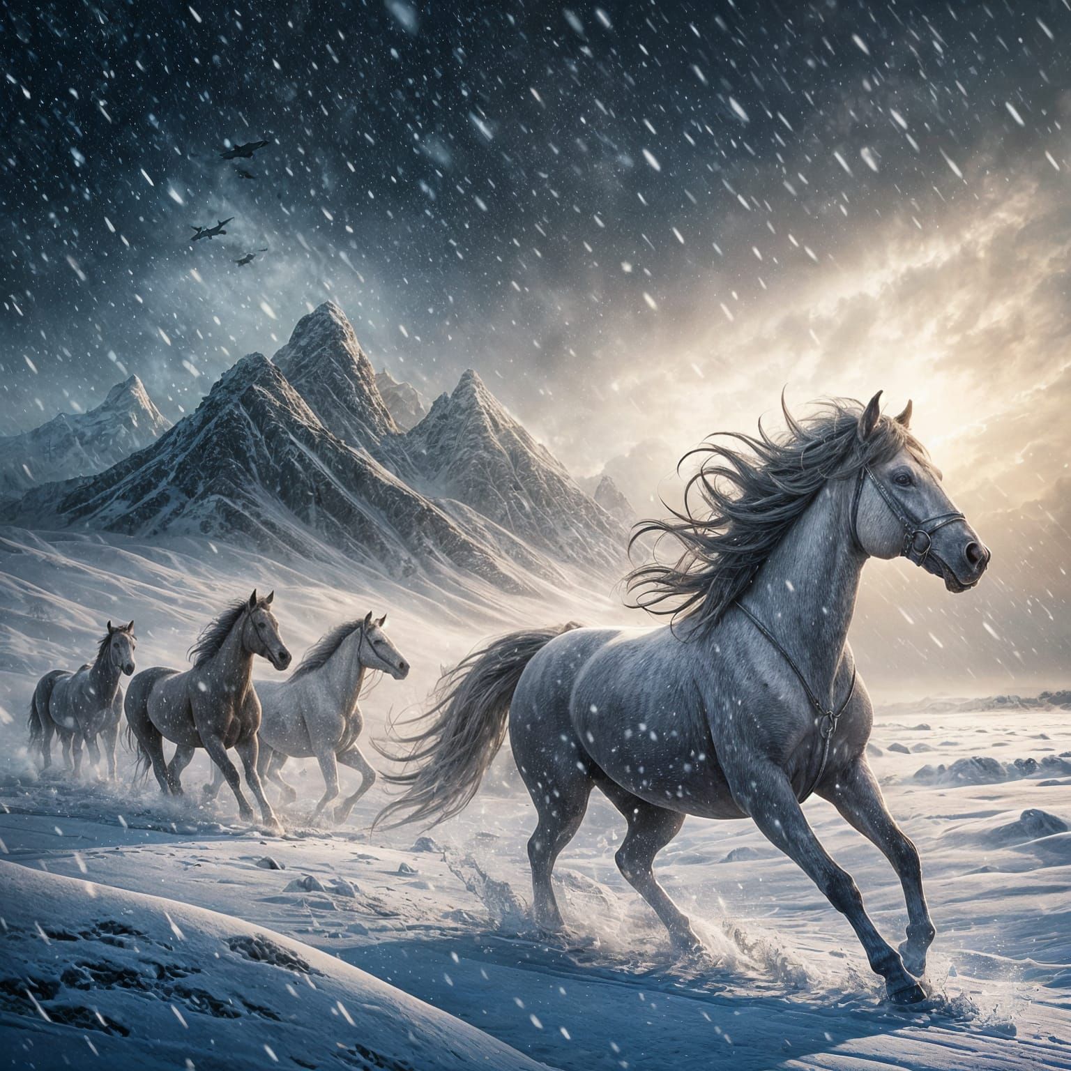 Horses Forging Through a Snowstorm in a Cyberpunk-Inspired D...