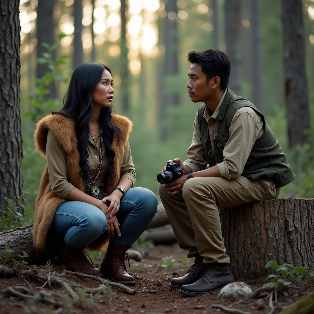 Native American Woman and Man in Forest Logging Camp