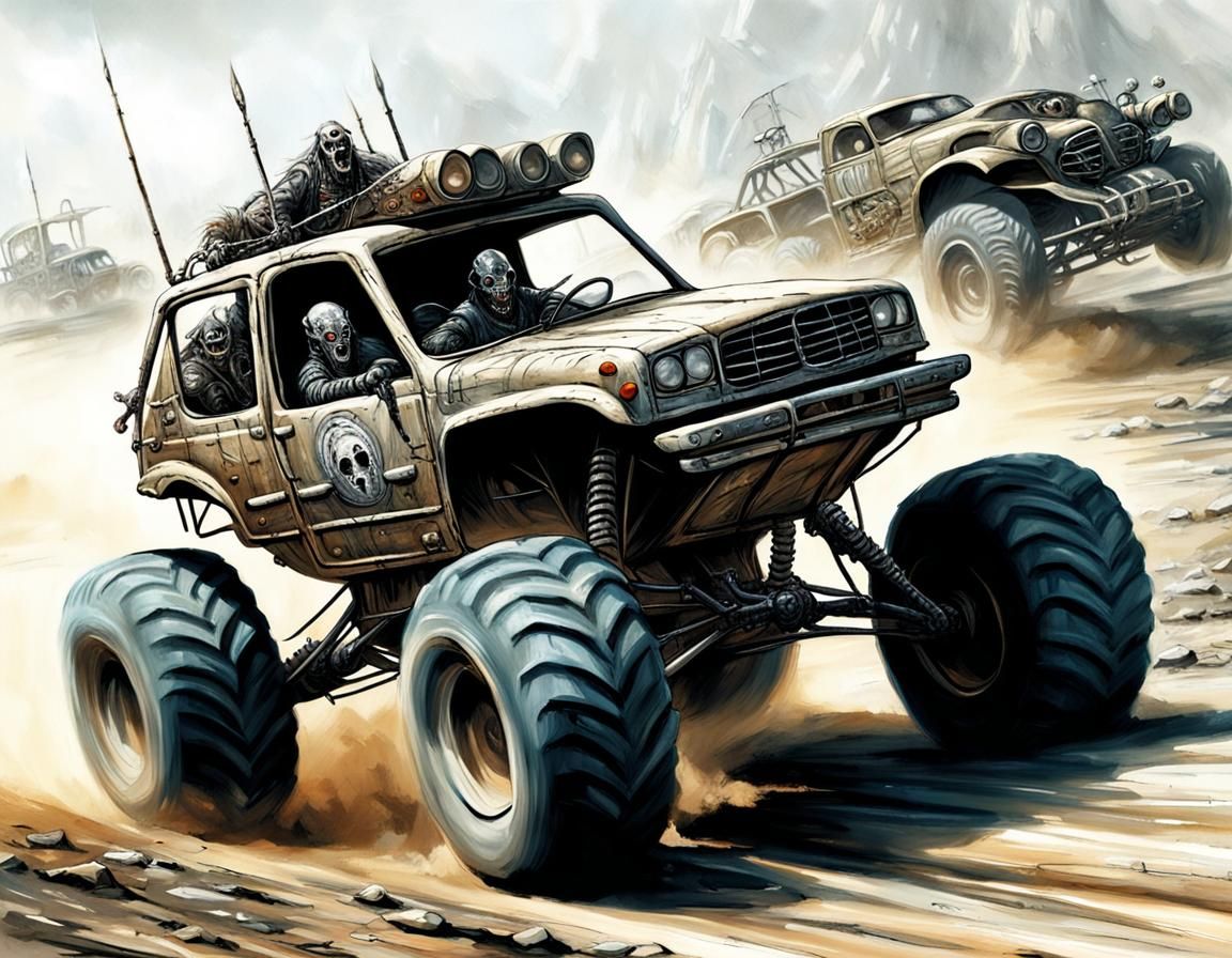 Monster Truck Chase in Post-Apocalyptic Comic Style