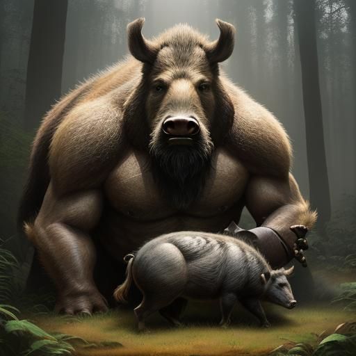 Monk Cradling Wild Boar in Misty Forest: Oil Painting