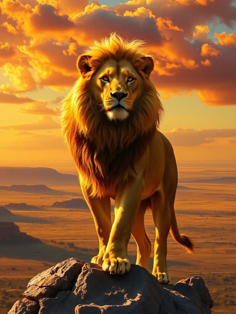 Regal Lion in Fiery Mane, Standing on Rocky Precipice Overlo...
