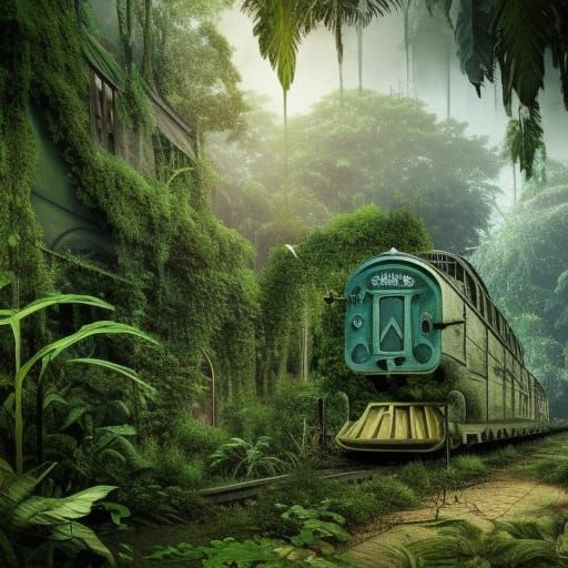 Lush Jungle Train Station in Silver and Blue