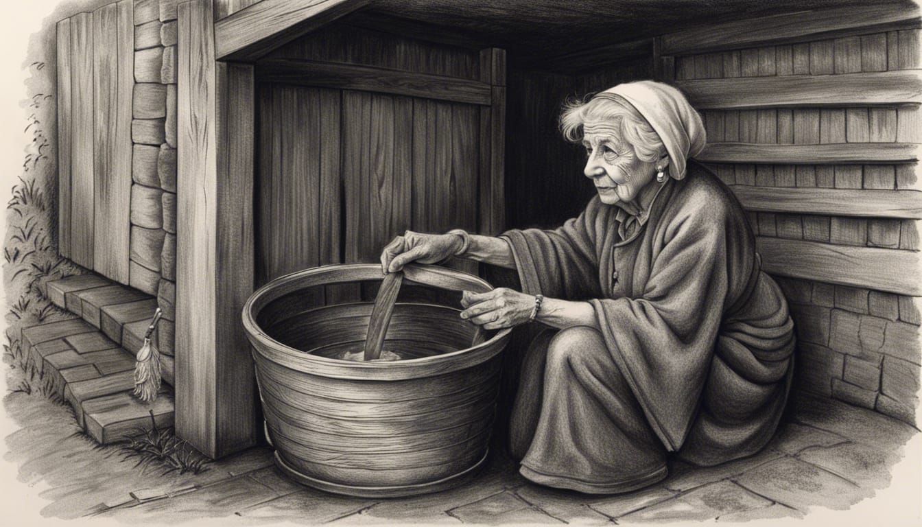 Detailed Charcoal Drawing of Woman at Wishing Well
