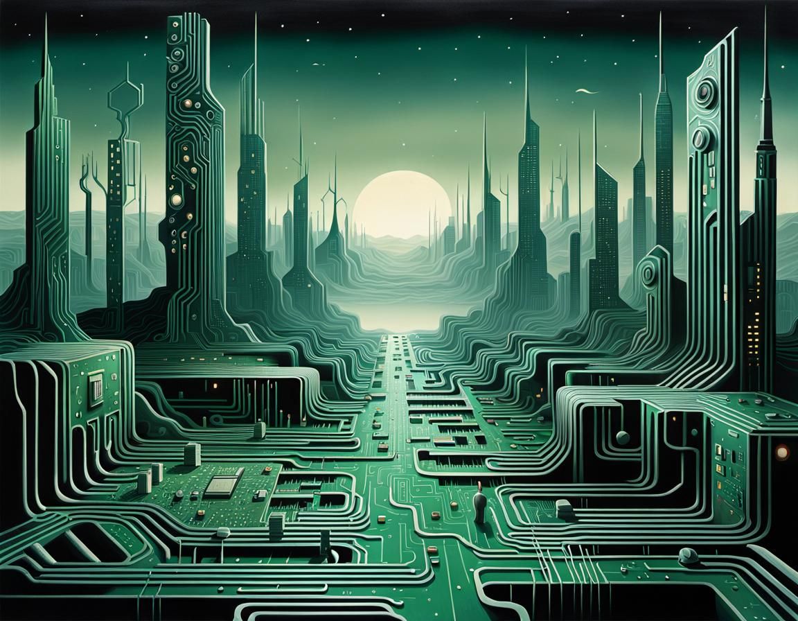 Surreal Dystopian Circuit Board Landscape