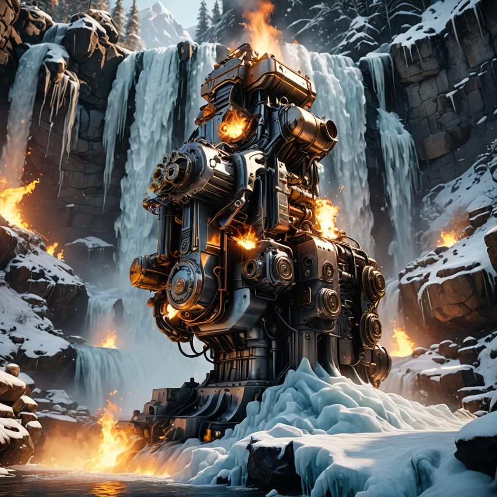 Fiery V16 Engine Against Frozen Falls, Steampunk Style