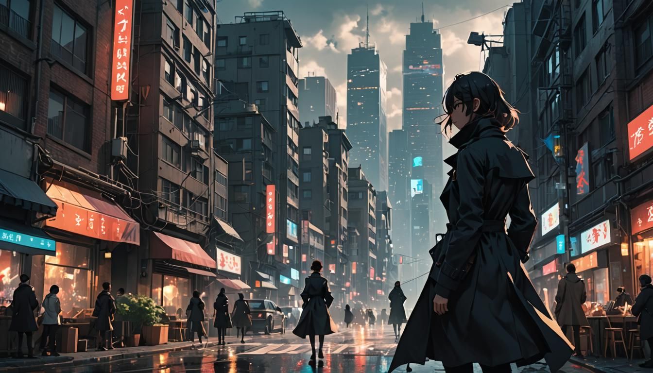 Question in Shadowy Cityscape, Anime Concept Art