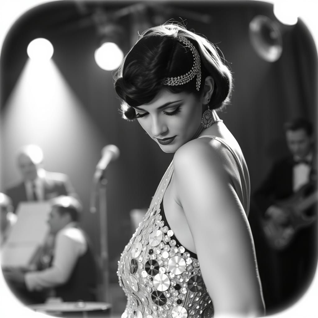 Sequin Showgirl in 1930s Black and White Style