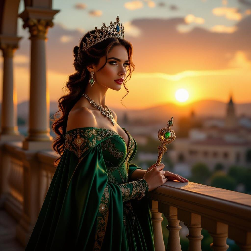 Majestic Queen on Balcony at Sunset