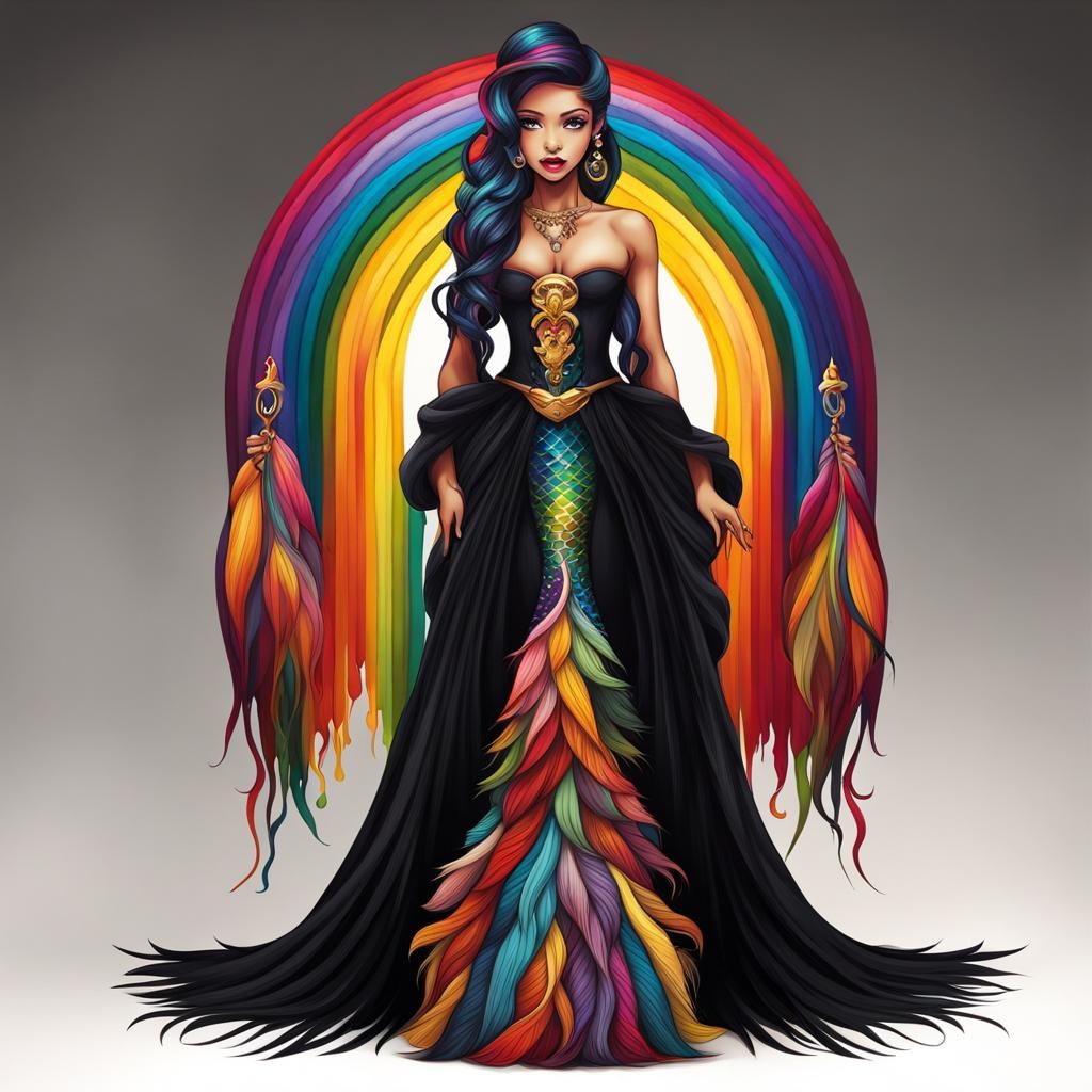 Chibi Mermaid Bites Rainbow, Embroidered Vector Graphic