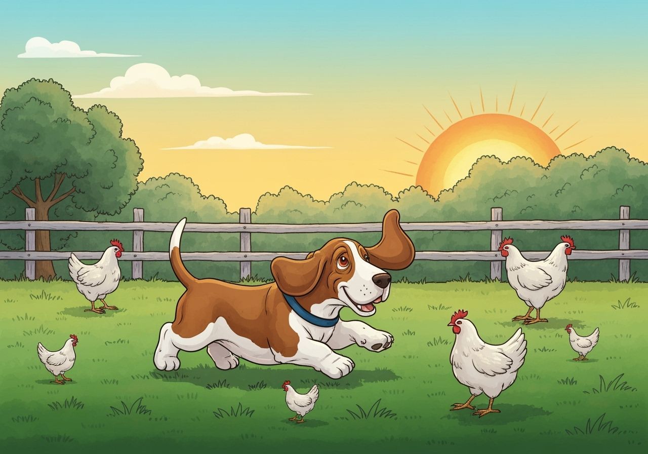 Adorable Basset Hound Chasing Chickens at Sunrise