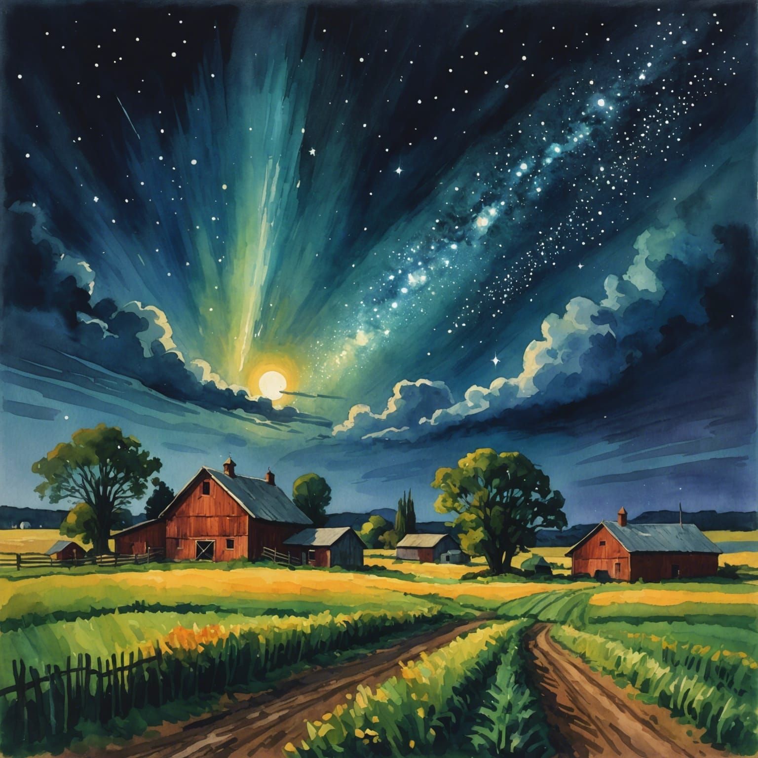 Farm at Night with Comet in Gouache Style