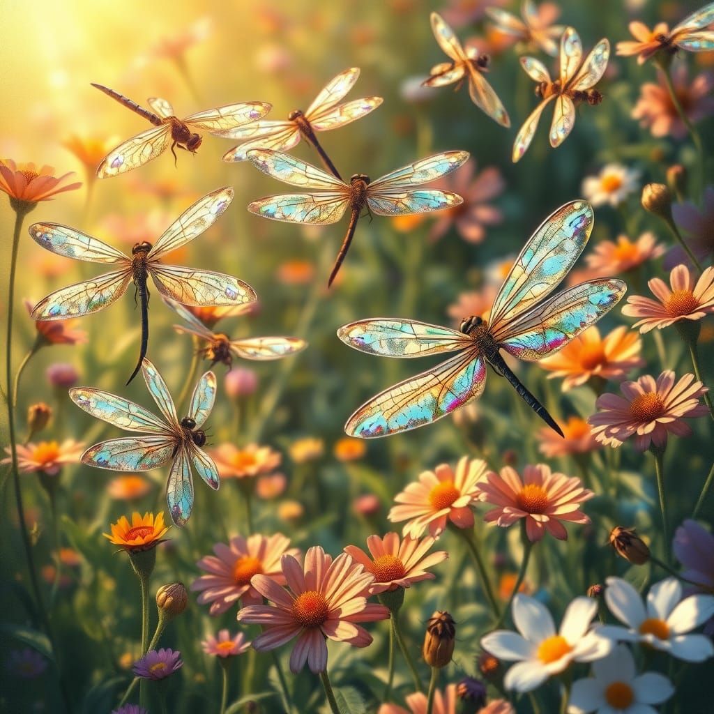 Whimsical Gathering of Iridescent Dragonflies in Anime Style