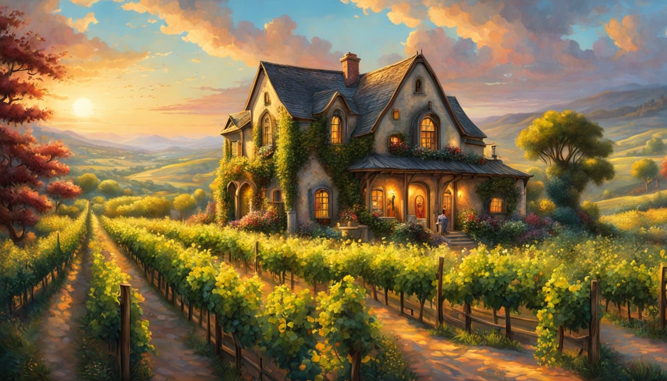 Cozy Vineyard Cottage Under Golden Hour