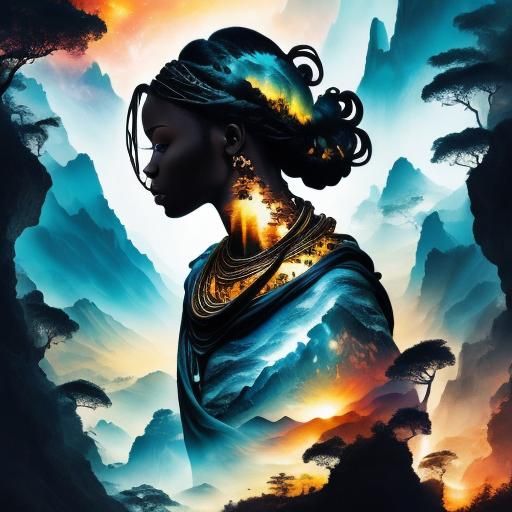 African Woman Portrait with Savanna Double Exposure