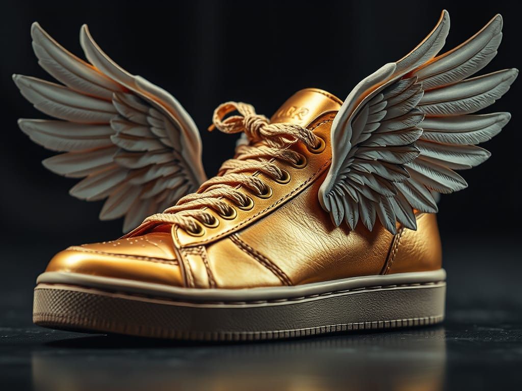 Designer Gold Leather Sneaker with White Wings