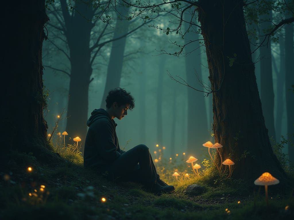 Dreamy Figure Lost in a Glowing Forest