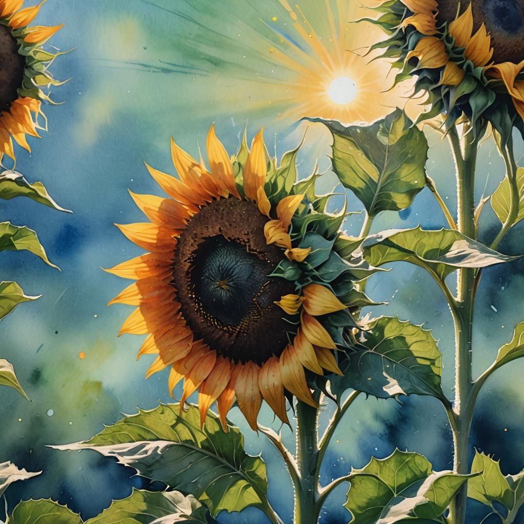 Sunflower Turns to Sun: Hyperrealistic Watercolor Art