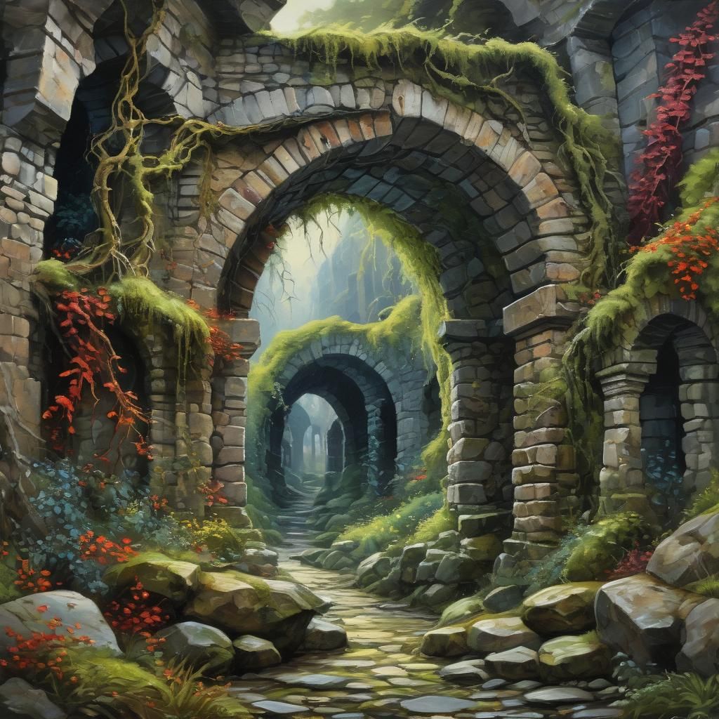 Neo-Impressionist Stone Arches in Dreamy Landscape