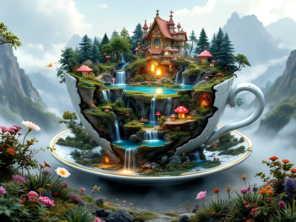 Surreal Fantasy Forest Kingdom Inside a Broken Teacup as Max...