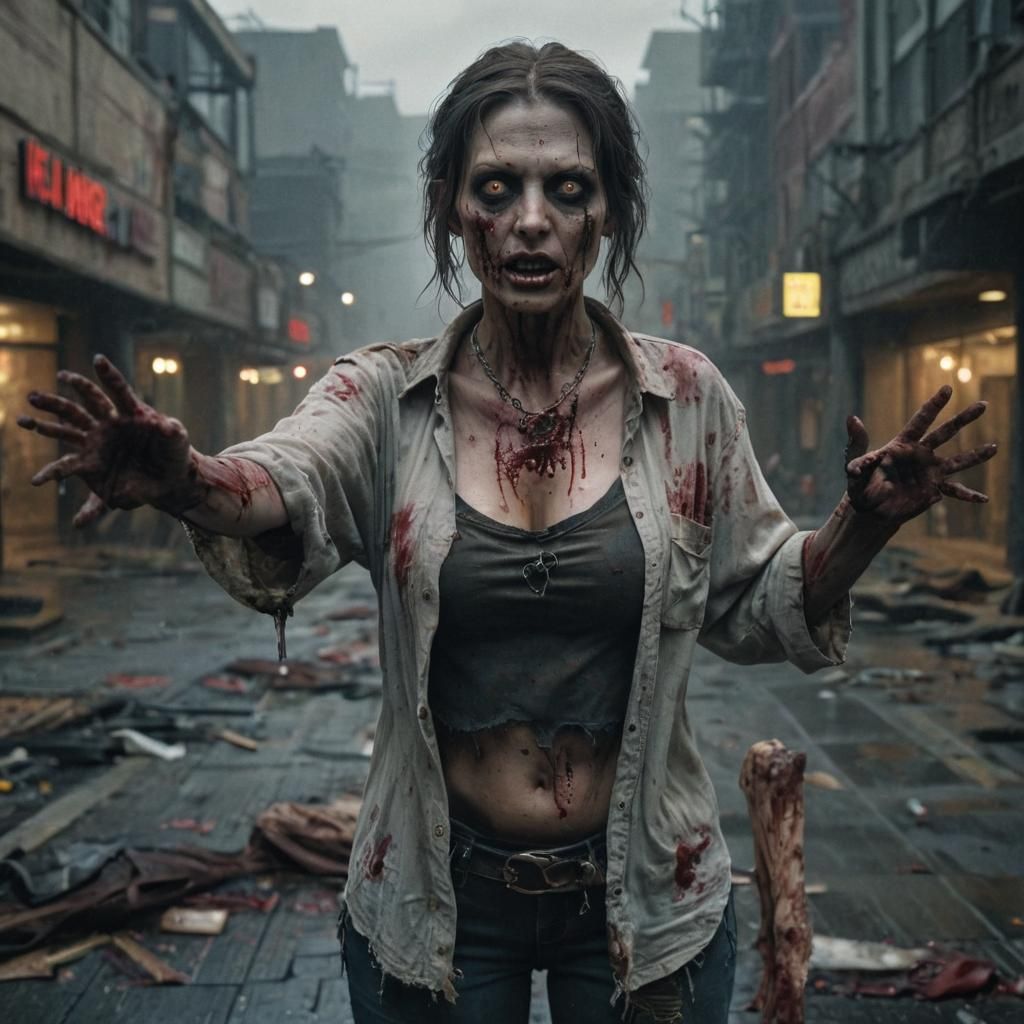 Hyperrealistic Zombie Woman in Dystopian Mall