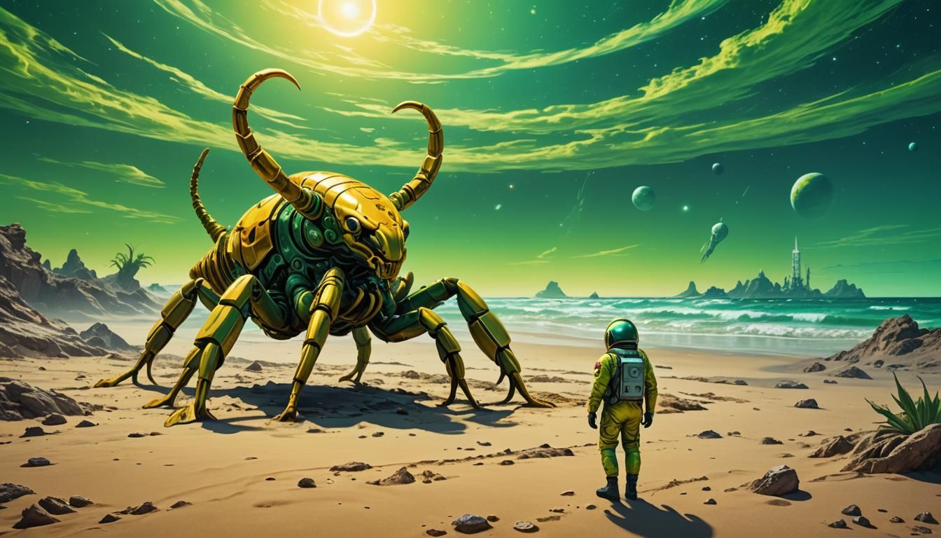 Astral Alien Beach Scene in Holographic Style