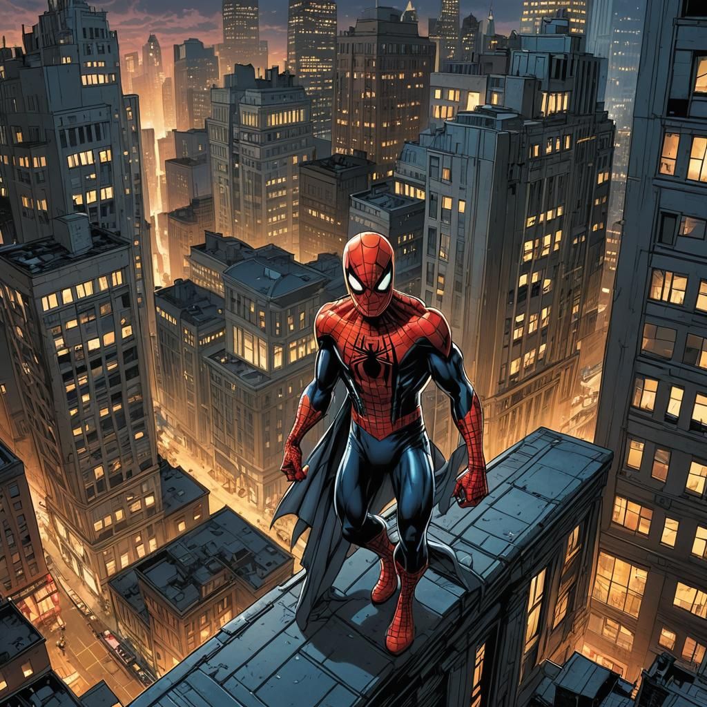 Spider-Man Rooftop Vigil in Comic Book Style