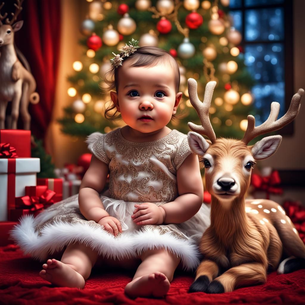 Magical Christmas Scene with Baby and Reindeer